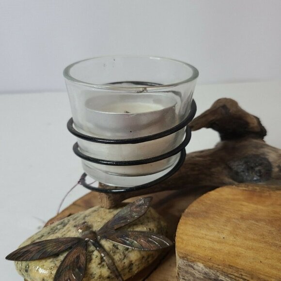 Hand Made Wood Slice Metal and Stone Candle Holder - Picture 3 of 11